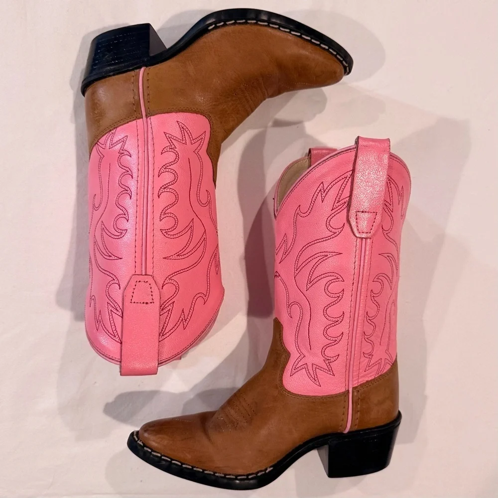 Old West Leather Cowboy Boots Girls 12.5 Tan Pink Calf Western 8139 Pageant